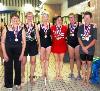 Women Swimming medalists: Gail Gilvary, Jayne Milke, Elizabeth Taylor, Terri Talbot, Laura Schreiber, and Kate Clair